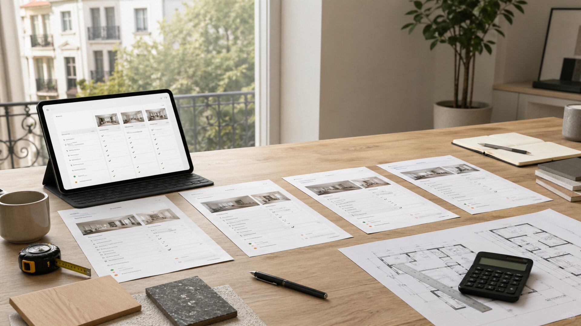 Plusieurs devis de renovation imprimes et tablette comparant les offres — comparateur de devis renovation energetique