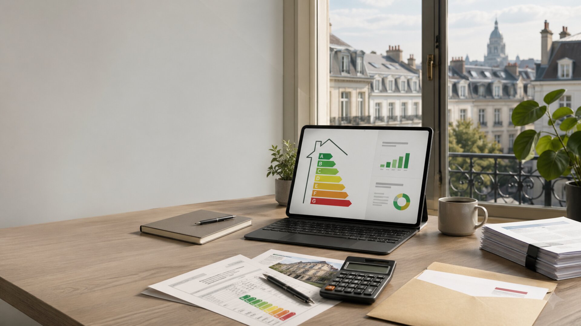 Bureau avec ordinateur portable affichant l'echelle de classes PEB et calculatrice — simulateur d'amendes PEB