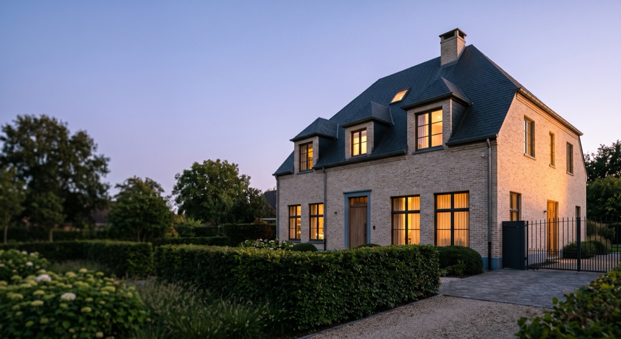 Maison 4 façades bruxelloise en briques claires, toiture ardoise et jardin paysager au crépuscule — certificat PEB PEBify