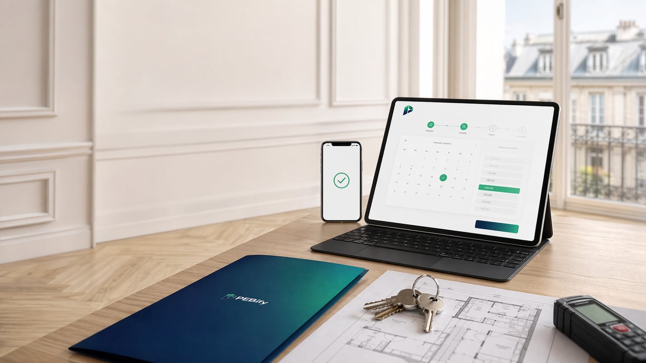 Réservation en ligne d'un rendez-vous PEB à Bruxelles — tablette avec l'agenda PEBify, smartphone affichant la confirmation, pochette PEBify, clés et plans d'architecte sur un bureau en bois