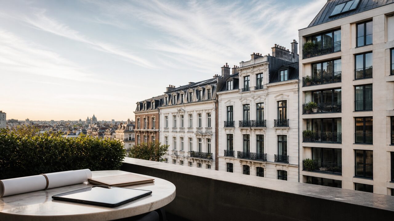 Vue depuis une terrasse bruxelloise — façades historiques et immeubles récents, table avec tablette et plans, ambiance investisseur immobilier