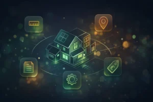 Illustration d’une maison avec icônes surface, documents, technique et localisation influençant le prix du PEB.