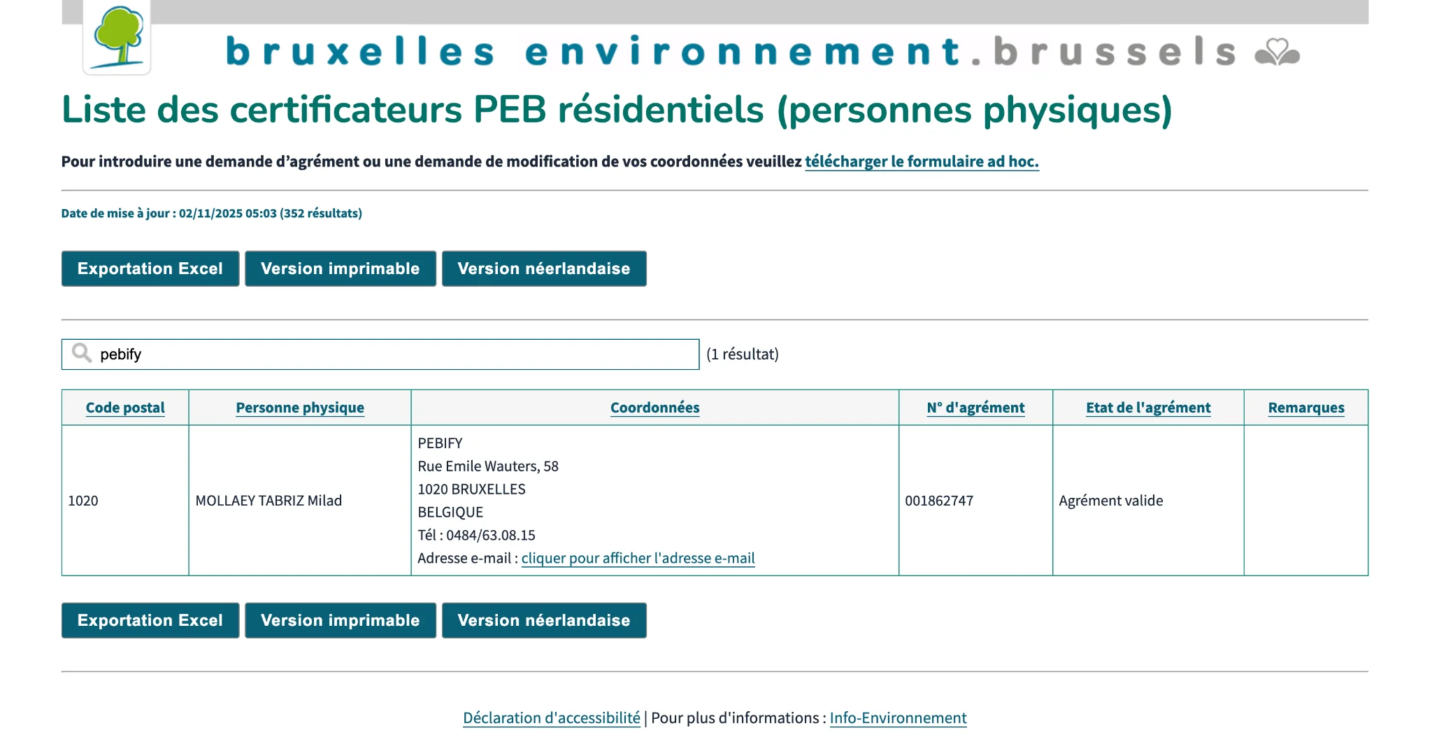 Extrait officiel de l'agrément de Pebify par Bruxelles Environnement (IBGE).