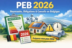 Illustration PEB 2026 en Belgique montrant un certificat PEB, une maison équipée de panneaux solaires et les nouvelles obligations énergétiques à venir.