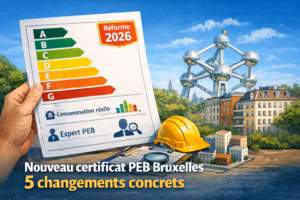 Illustration de la réforme du certificat PEB à Bruxelles en 2026 — main tenant un certificat énergétique avec les classes A à G, badge Réforme 2026, casque de chantier et Atomium en arrière-plan